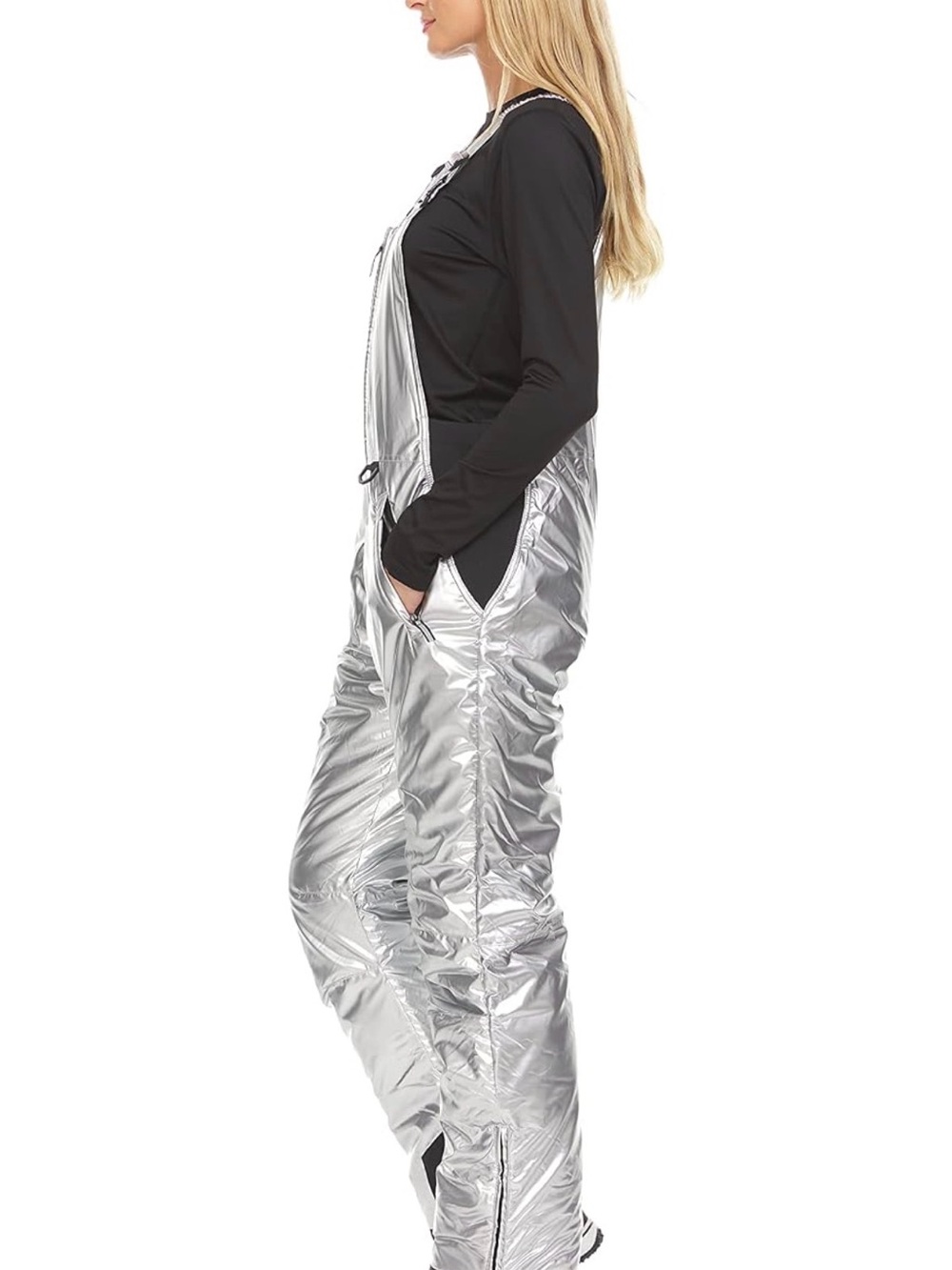 Silver Metallic Insulated Snow Bib Overalls for Women Size L Futuristic Y2K - Picture 14 of 15